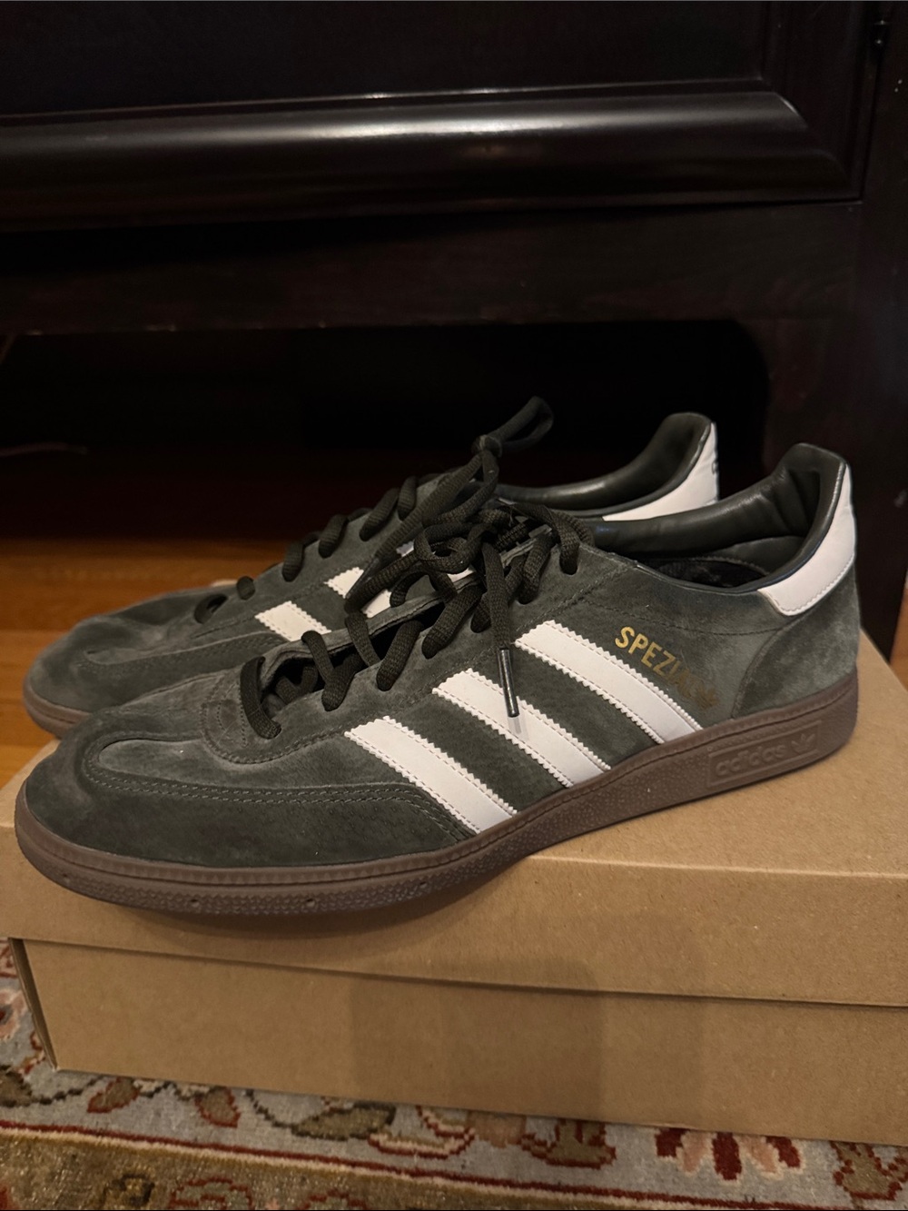 adidas Green Suede Spezial Sneakers with White Stripes